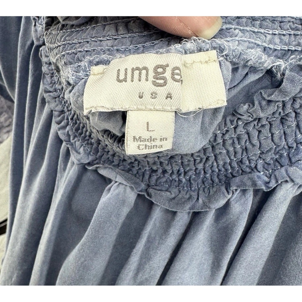 Umgee USA Blue Boho Peasant Blouse Top Lace Trim Short Sleeve Women's L Coquette - Picture 5 of 7